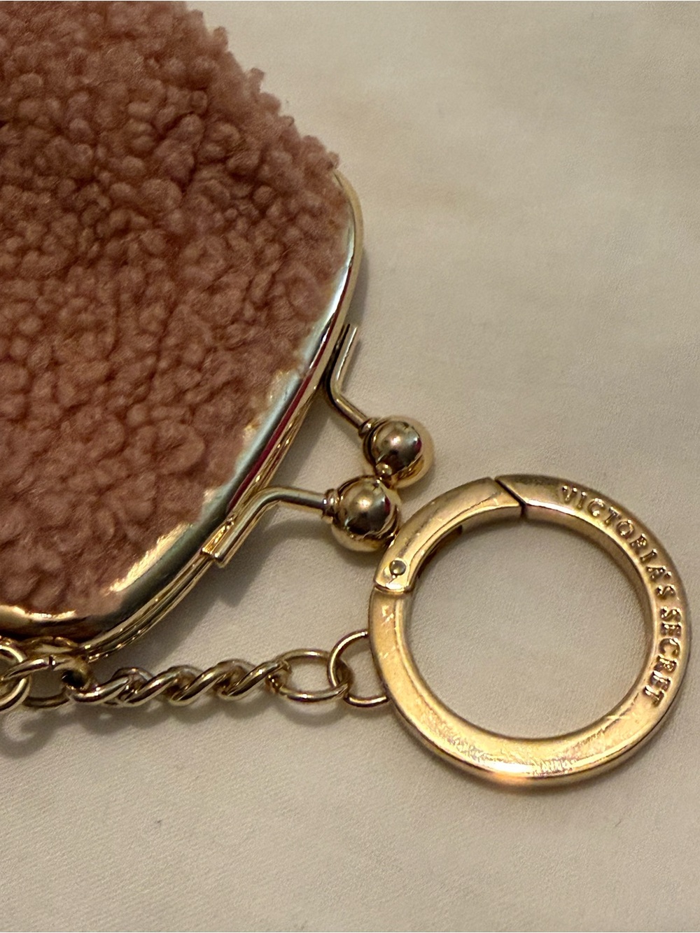 Victoria's Secret Blush Pink Shearling Coin Pouch Keyring with Gold Hardware